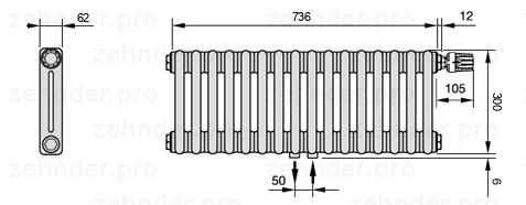 Схема (чертеж) Радиатор Zehnder Charleston 2030/16 №V008 Белый глянцевый RAL 9016